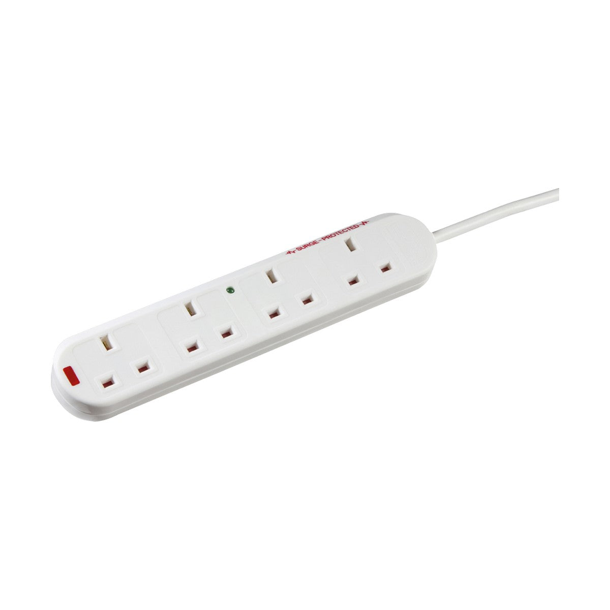 Product Description: The 13A 4 Gang 2M Surge Protected Extension Lead Neon is a white extension cord featuring four child-protected sockets and a plug. It includes a red power switch for easy control and neon power indicators to signal surge protection. The cord extends to the right side of the image.