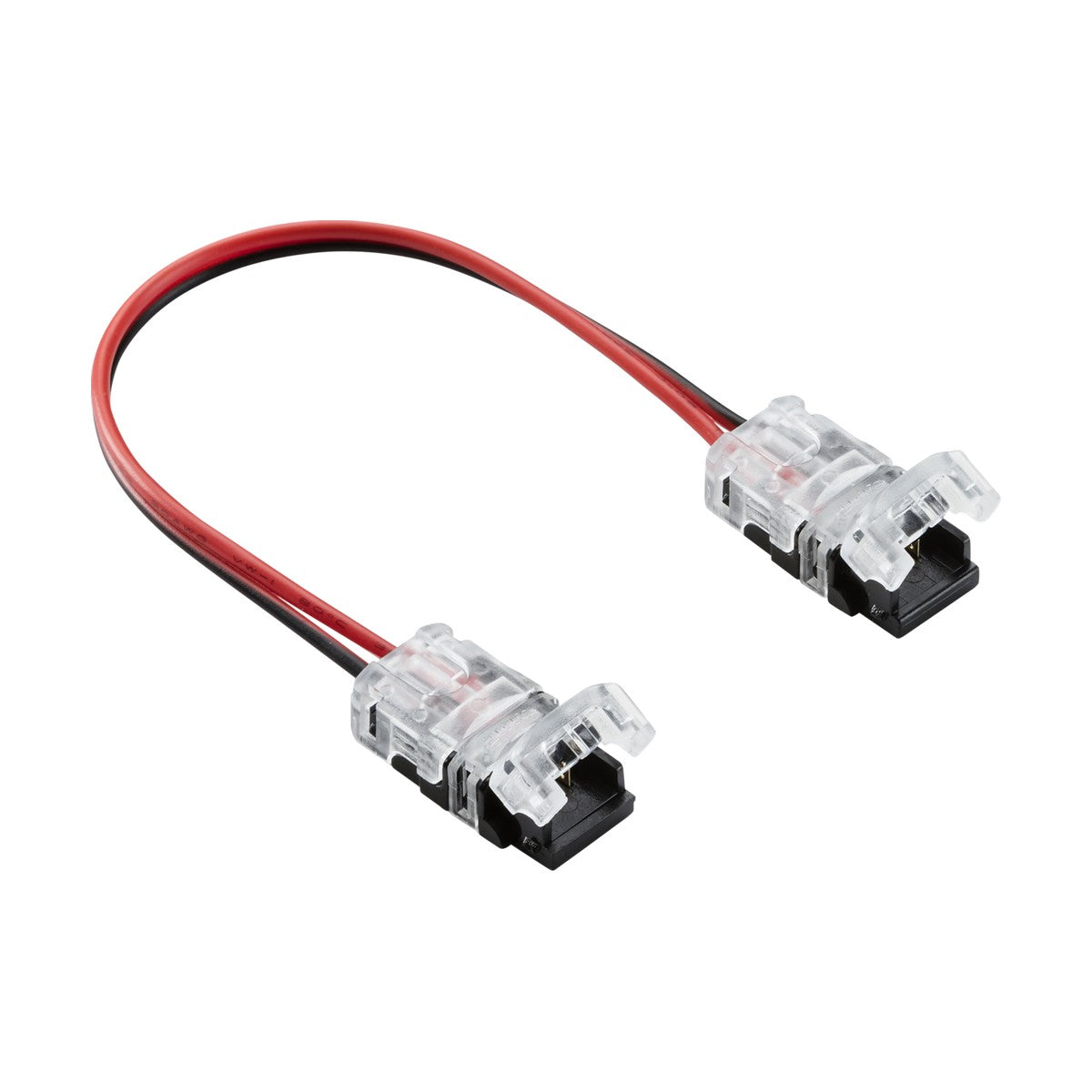 The 12V/24V LED Flex Strip To Strip 150mm Connector - Single Colour features a short electrical cable with black and red connectors, transparent plastic clips for secure connections, and a no-solder mechanism. Ideal for interior installations as an LED strip connector.