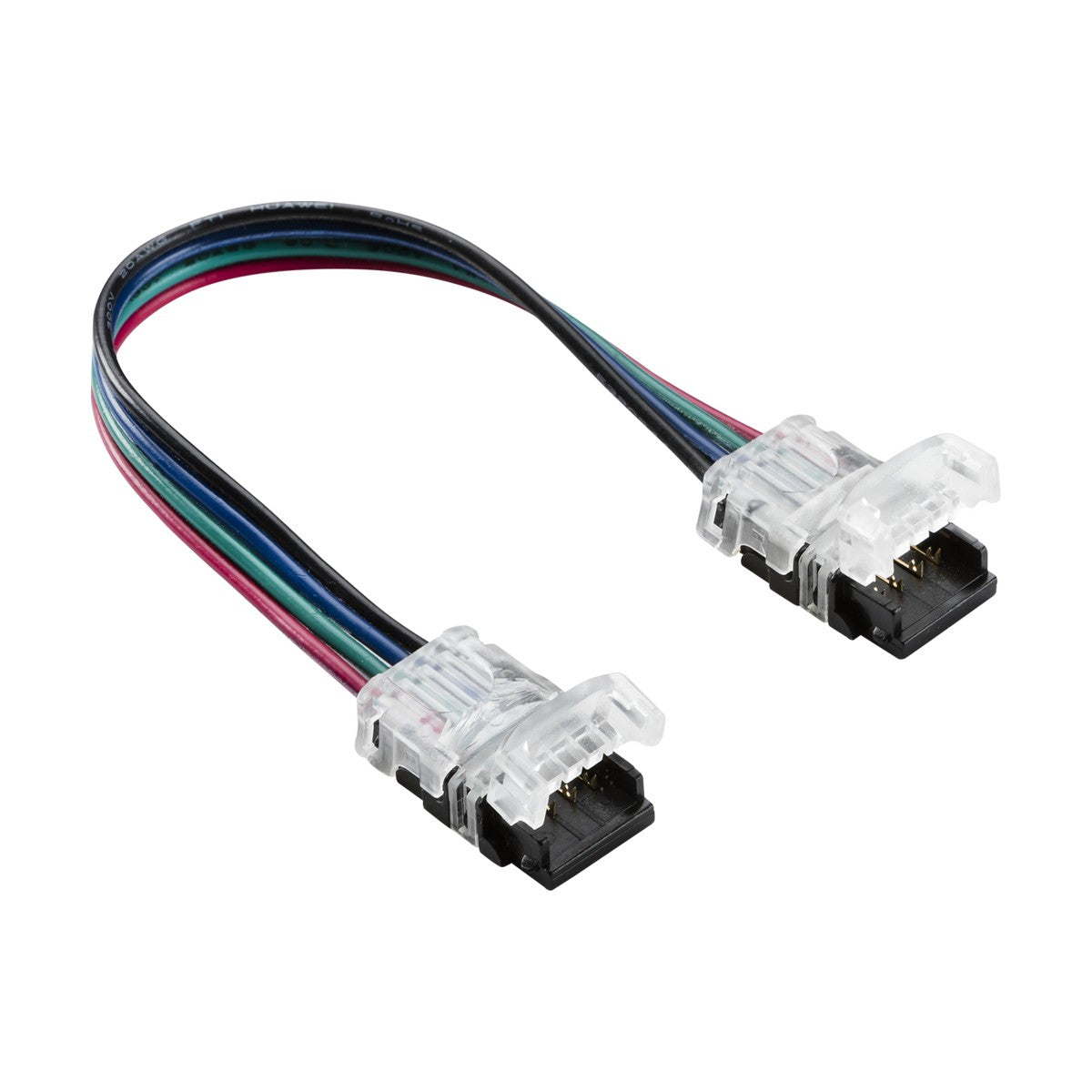 The 12V/24V LED Flex Strip To Strip Connector - RGB/CCT is a short multicolored ribbon cable with clear connectors at each end, ideal for connecting strips. It includes four colored wires—blue, purple, green, red—and has latches for secure attachment.
