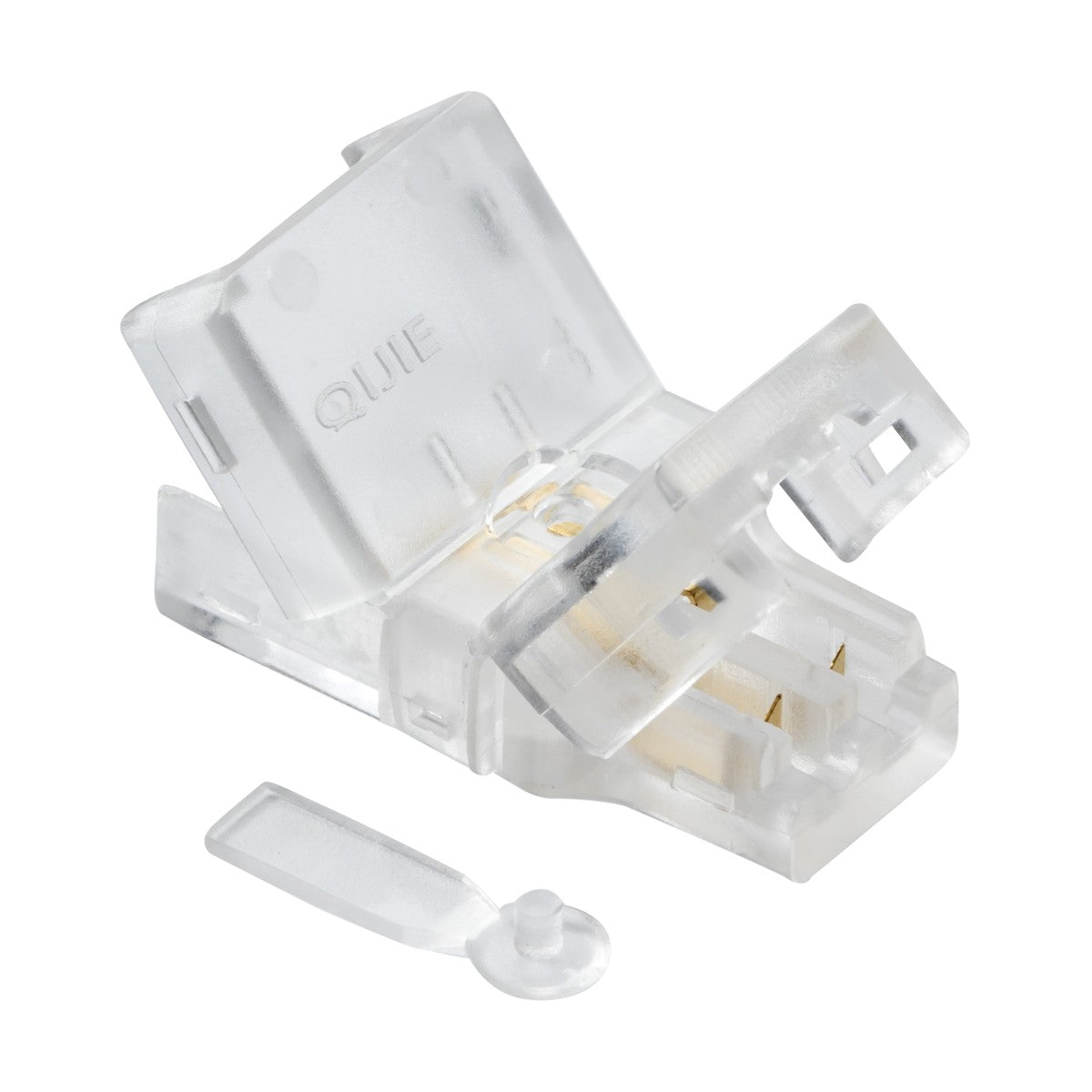 The clip, crafted from transparent plastic, comes with a small detachable tab and is perfect for single-color LED flex. It incorporates a hinge mechanism and a flat base, designed specifically for secure attachment to the 12V/24V IP65 LED Flex Wire To Strip Connector - Single Colour.