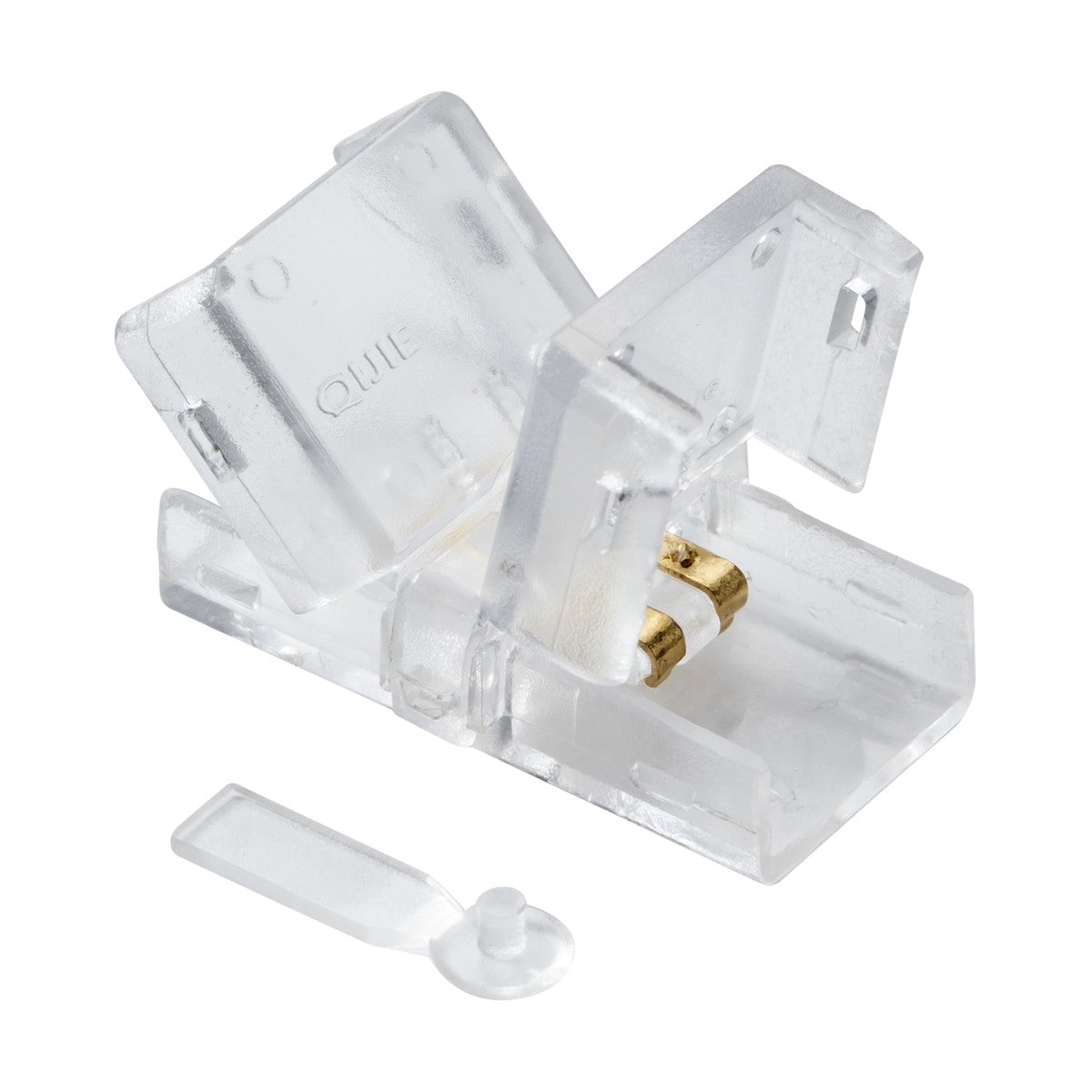 The 12V/24V IP65 LED Flex Strip To Strip Connector - Single Colour is a clear plastic connector featuring a hinged cover and small gold contacts, allowing for quick, tool-free connections to single colour strip lights. A small translucent lever is also visible next to the LED flex connector.
