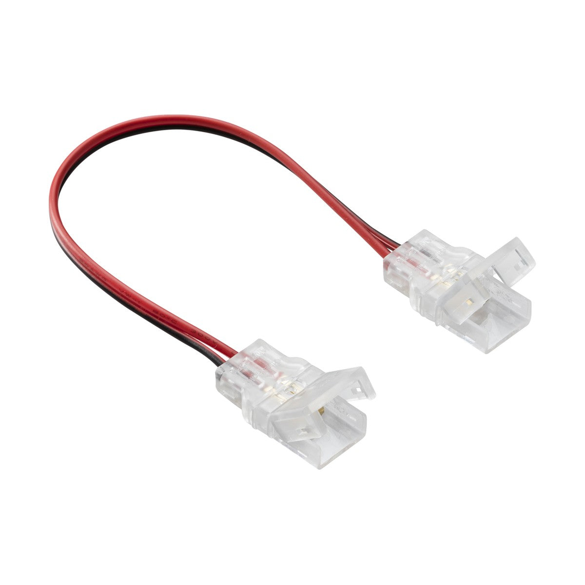 The 12V/24V IP65 LED Flex Strip To Strip 150mm Connector - Single Colour features red and black wire connectors with clear plastic ends, ideal for electrical connections by revealing internal metal contacts. Both ends are identical, making it perfect for connecting LED flex strips. Its transparent housing is well-suited for use with silicon glue to achieve an IP65 rating.
