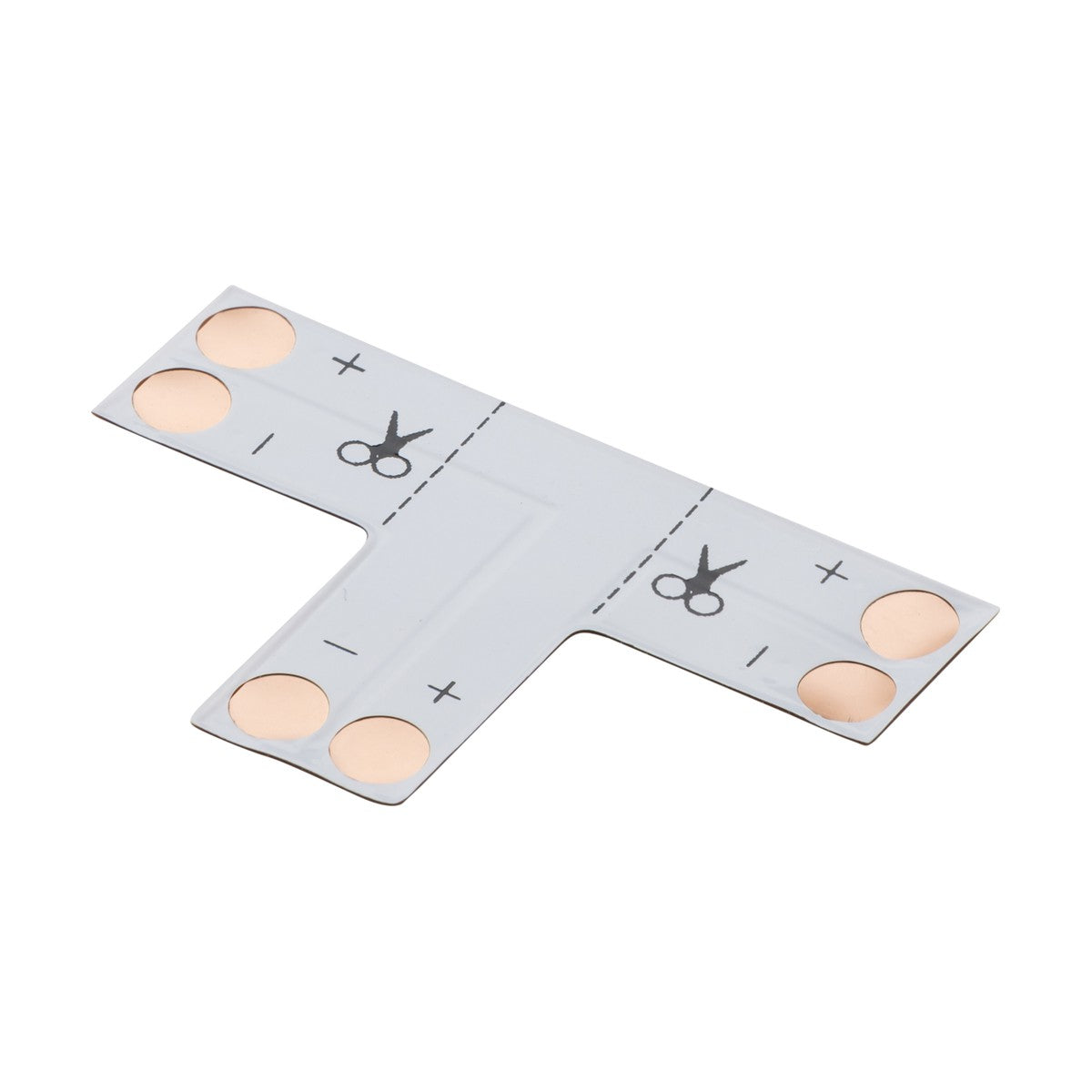 The 12V/24V LED Flex 3-Way T-Connector - Single Colour, featuring copper contact points and a gray design, is perfect for an LED flex setup. It includes plus and minus signs along with scissor icons to indicate cutting points, making it ideal for single color lighting installations.