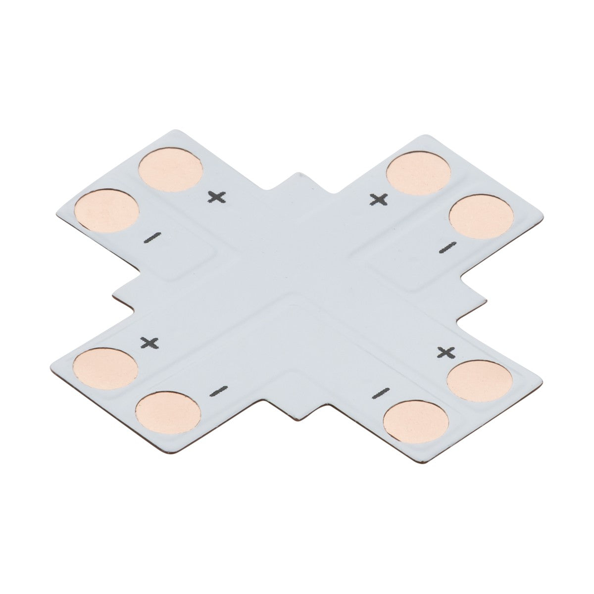 The 12V/24V LED Flex 4-Way X-Connector - Single Colour features an electronic circuit board with eight circular copper contacts, divided equally between plus and minus signs, all on a light gray surface. It's perfect for single colour 8mm LED flex installations.