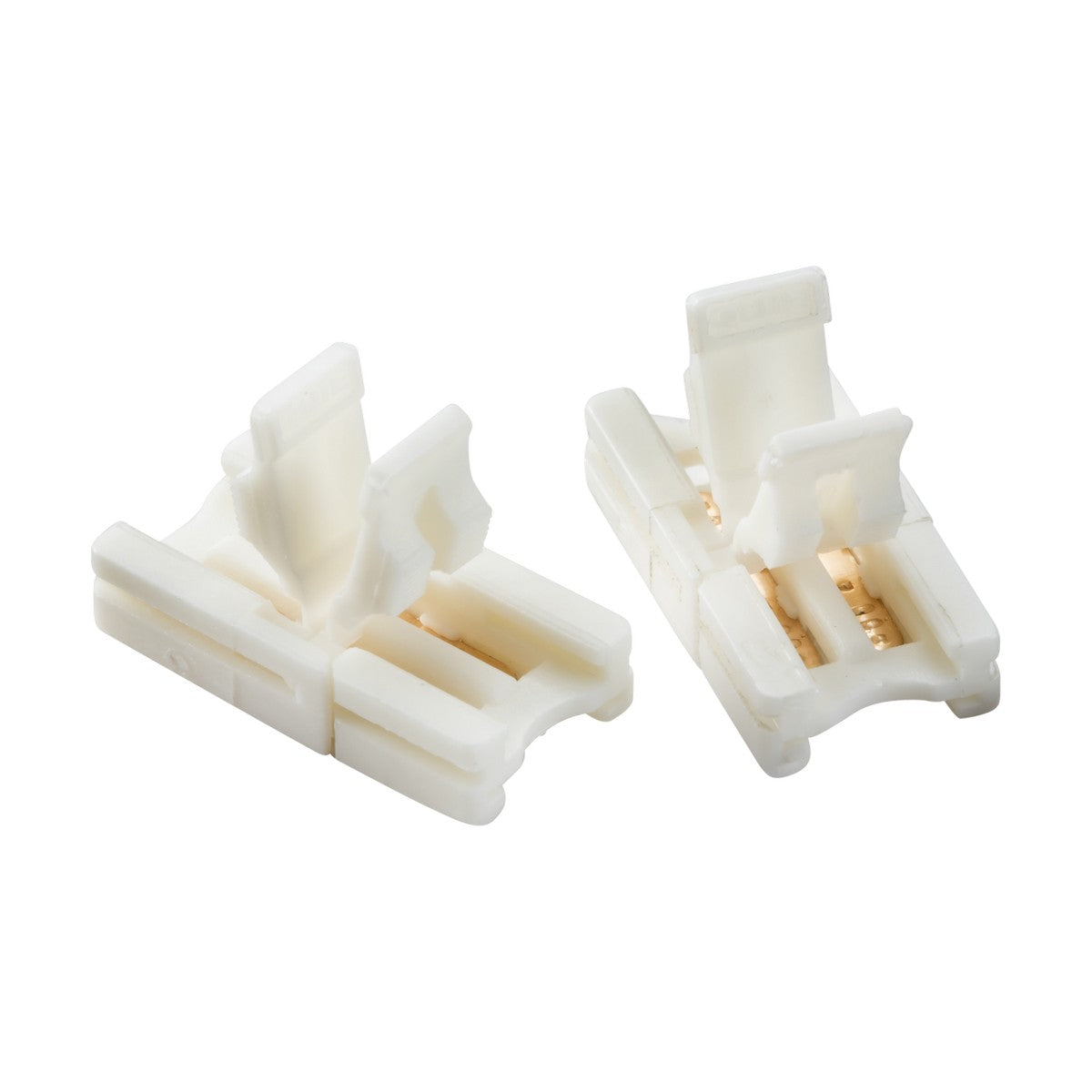 The 12V/24V LED Flex Strip To Strip Connector - Single Colour (2 Pack) includes two small, white plastic connectors with open clamps that securely fasten electrical wires. They are perfect for 8mm LED flex applications, featuring a straightforward snap-in mechanism and parallel grooves to ensure proper alignment. These connectors are ideal for single color connections and are displayed on a plain white background.