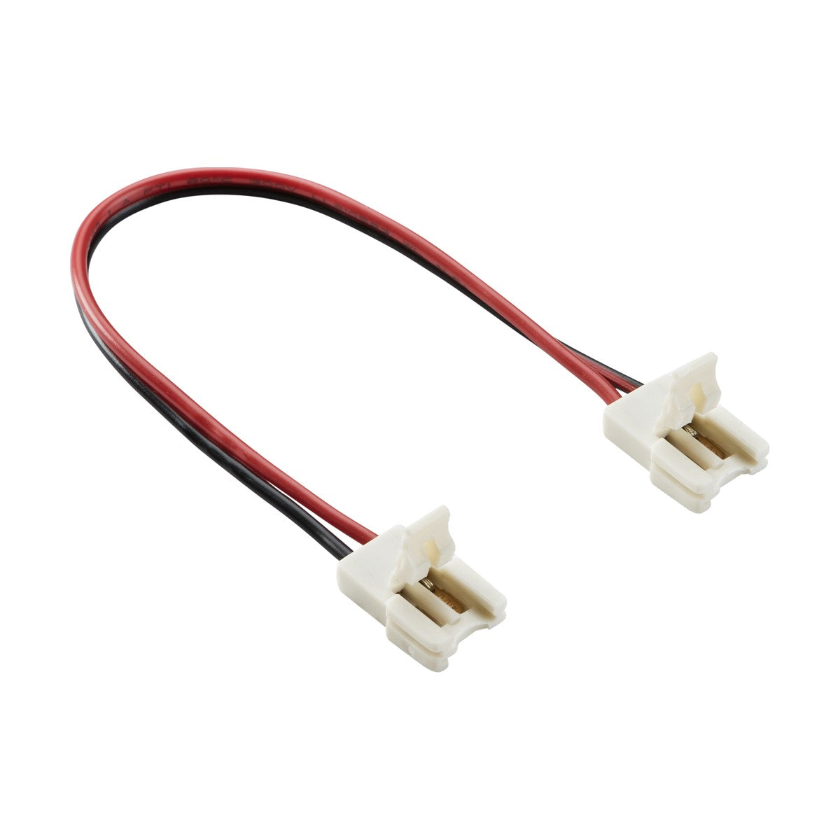 The 12V/24V LED Flex Strip To Strip Connector features a short cable with white plastic connectors at each end, along with red and black wires for positive and negative leads, ideal for electrical connections in small devices to ensure uniform brightness in LED lighting applications.