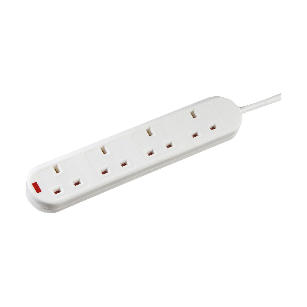 The 13A 4 Gang 2M Extension Lead Neon is a white extension lead featuring four child-protected sockets and an on/off switch with a neon power indicator. It includes a connected power cord extending from one end.