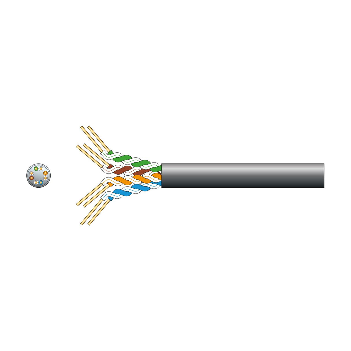 Mercury Economy Cat5e outdoor U/UTP network cable in black with exposed twisted pairs and cross-section view showing eight copper conductors.