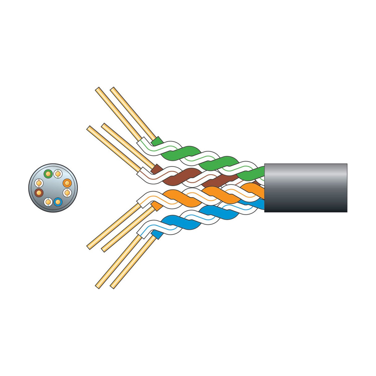 Cutaway diagram of AVSL Mercury Economy Cat5e outdoor U/UTP network cable in black, showing four twisted pairs and pin layout on a white background.