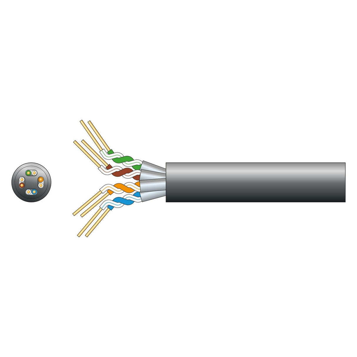 Diagram of the Mercury Cat6a U/FTP Outdoor Network Cable, Black (305m), showing a black Ethernet cable with four twisted colored wire pairs and a cross-section revealing its oxygen-free copper arrangement.