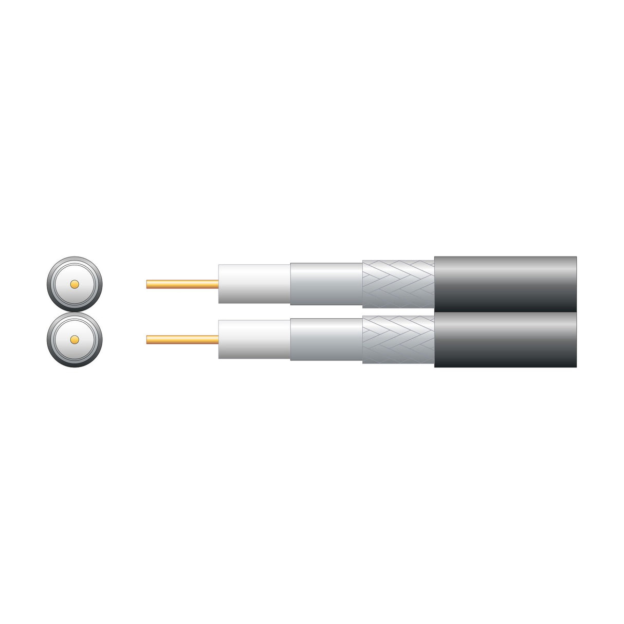 Mercury RG6 twin aluminium coaxial cable diagram showing parallel cores with copper conductors, foam dielectric, foil, braid, and black PVC jacket.