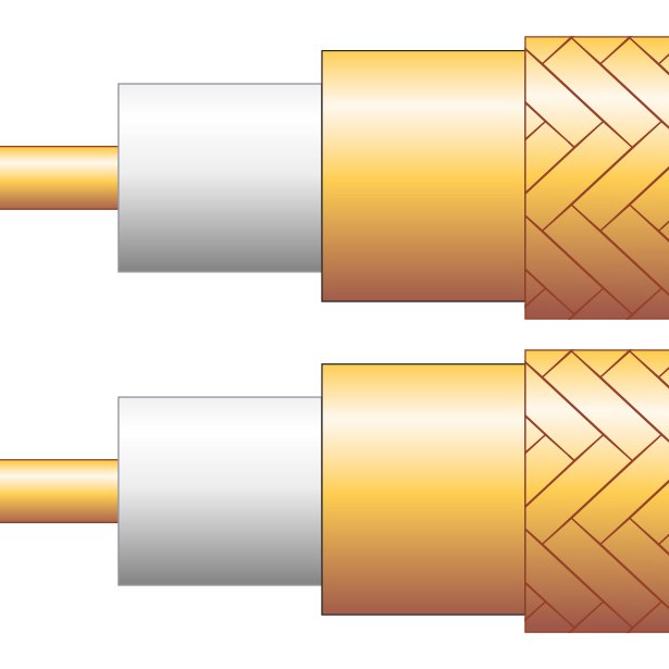 Illustrated cutaway of AVSL Mercury Twin RG59 coaxial aerial cable showing copper conductor, white dielectric, orange foil and braided shielding.