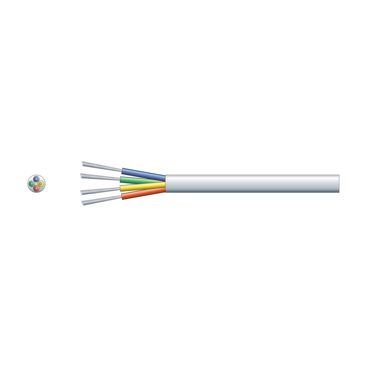 Mercury 4 Core Alarm Cable in white PVC sheath with blue, green, yellow and orange TCCA cores exposed, shown with cross-section view on a white background.