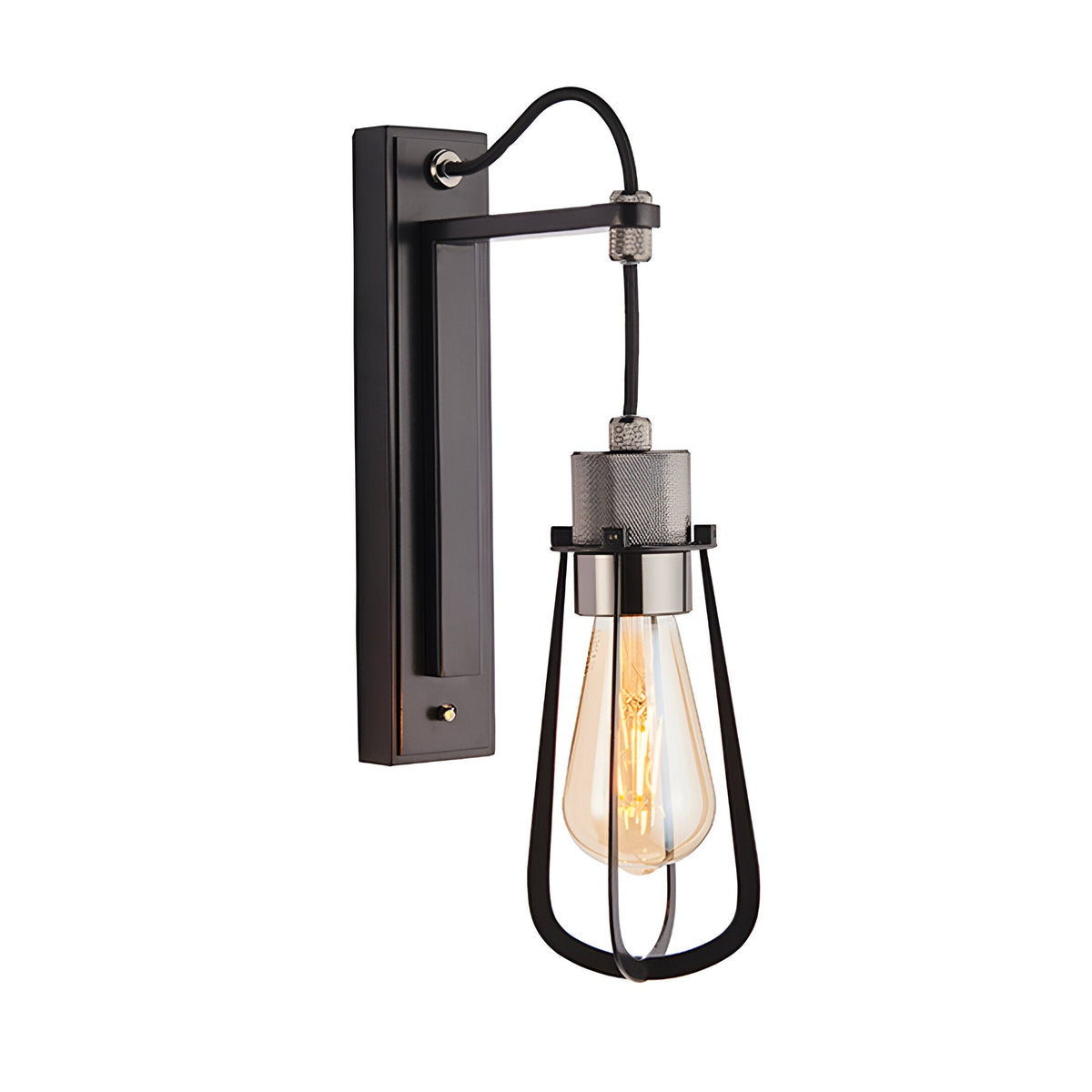Endon Camden industrial wall light with matt black stepped bracket, braided cable, knurled black chrome fitting, caged shade and exposed E27 filament bulb.