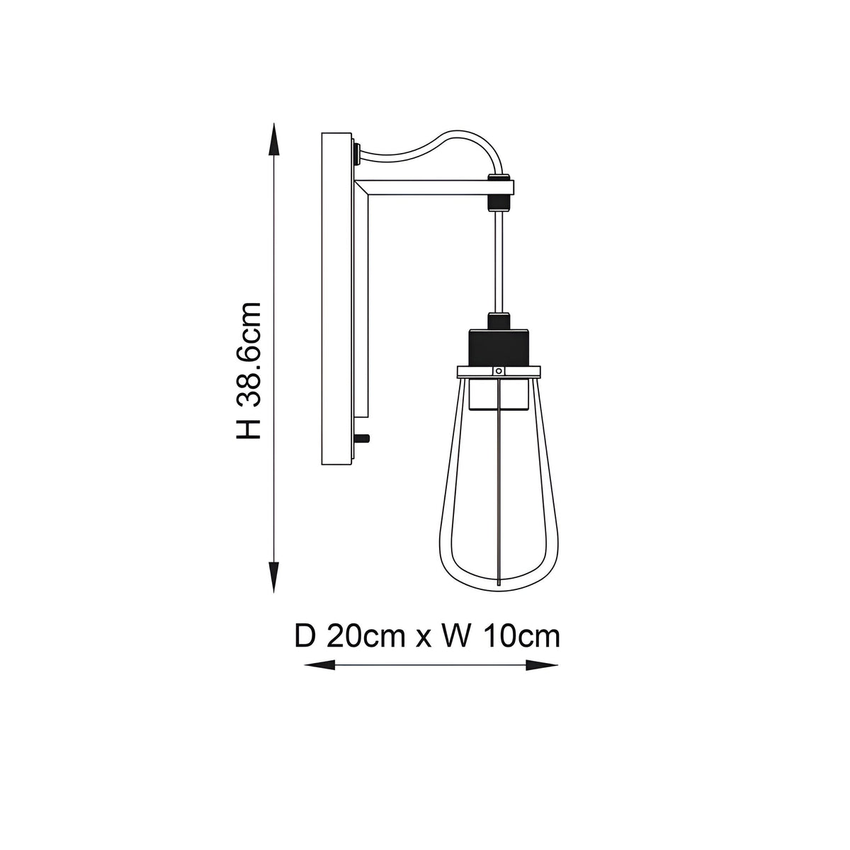 Dimension diagram of the Endon Camden wall light showing 38.6cm height, 20cm depth, and 10cm width on a plain white background.