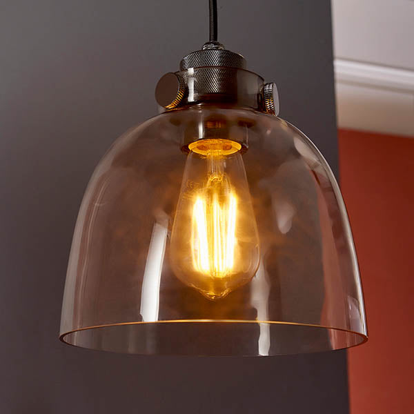 Camden Pendant Light in chrome and black with a smoked glass dome shade, exposed filament E27 bulb, and knurled metal fitting on black fabric flex.