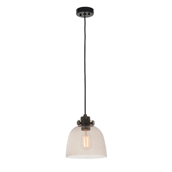 Camden Pendant Light in black and chrome, with a clear glass dome shade and E27 filament bulb on black fabric flex, shown on a white background.