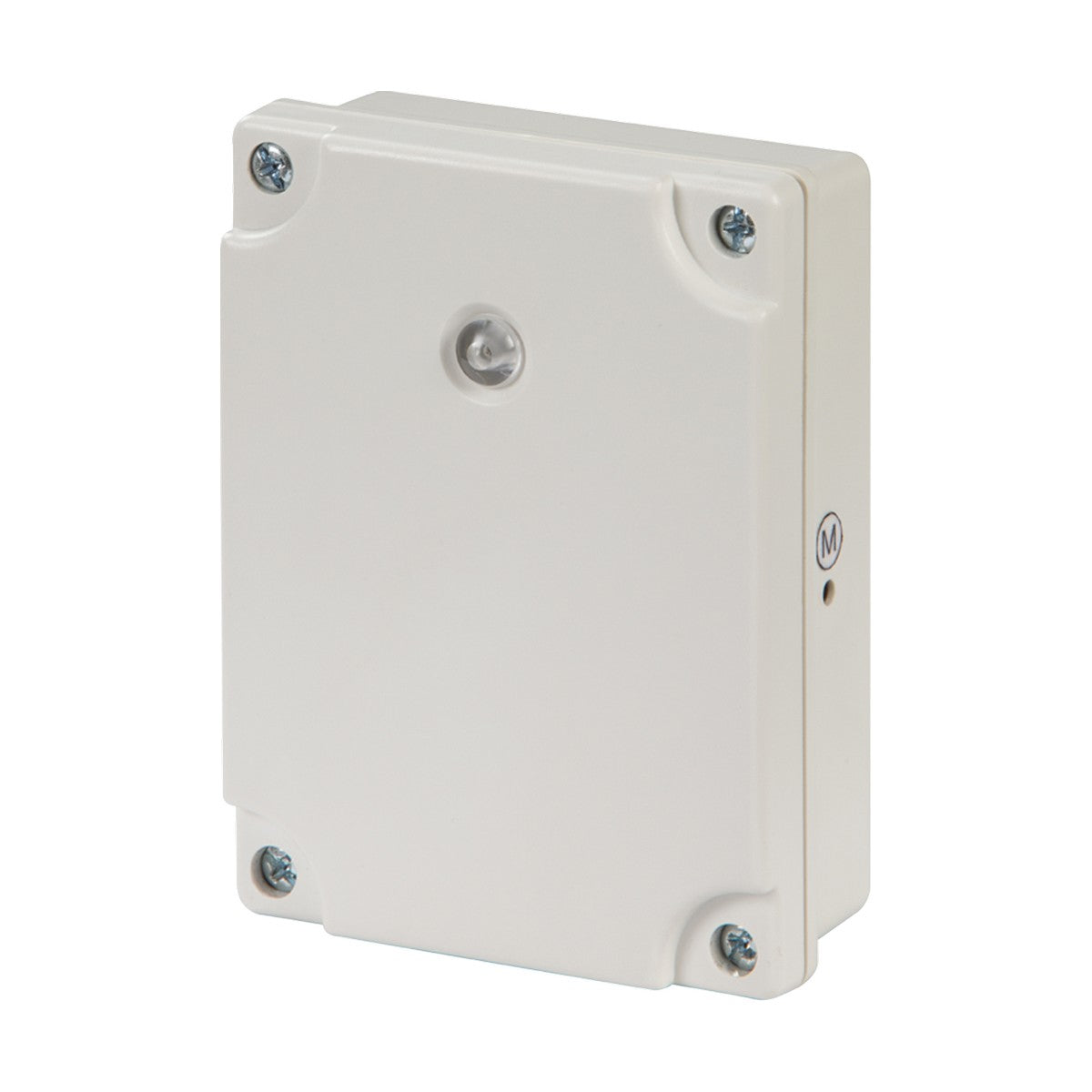 An IP55-rated Photocell Switch in white, featuring a rectangular design with a small circular lens and four corner screws, specifically designed for outdoor lighting. The side of this wall-mountable box has a hole labeled with M.