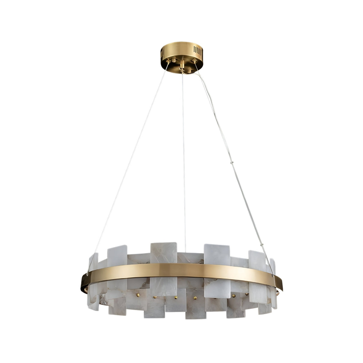 The Montyra LED Large Panelled Alabaster Chandelier in Soft White & Brass features a circular frame suspended by three wires, with vertically arranged rectangular translucent alabaster panels.