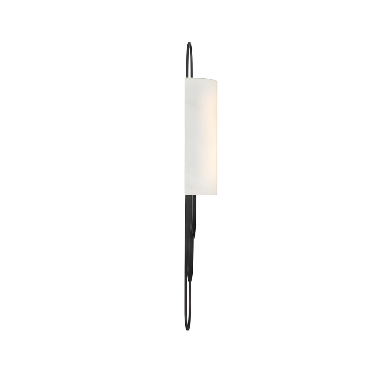 The Catenis 2 Light Small Loop Frame Alabaster Wall Light features a slim, matte black frame and a cylindrical soft white shade, offering a stylish modern accent for your wall.