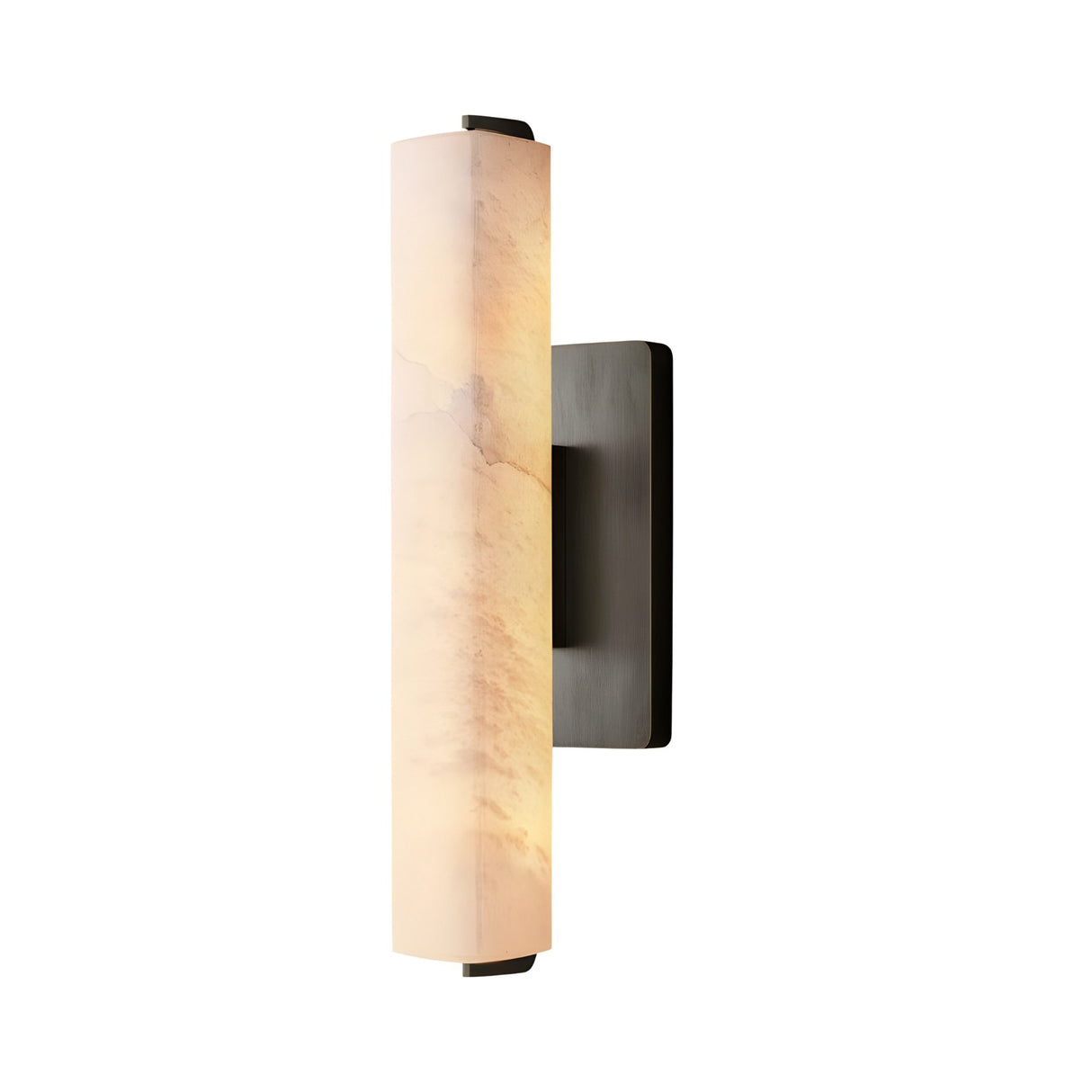 The Selvara LED Small Alabaster Wall Light, in Matte Black & Soft White, features a vertical cylindrical alabaster shade and a rectangular dark metal backplate against a white background.