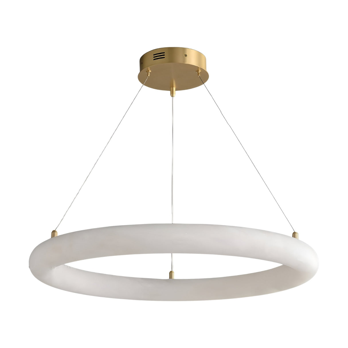 The Seraphis LED Large Alabaster Chandelier - Soft White features a modern circular design with a gold ceiling mount and three slender wires supporting a white ring of natural Spanish alabaster for an elegant, softly glowing centerpiece.