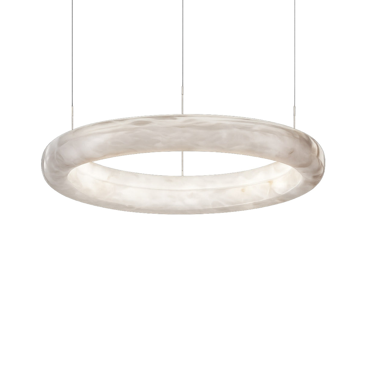 The Aurexis LED Small Floating Ring Alabaster Suspension Light in soft white features a modern circular design with a translucent marbled finish inspired by Spanish alabaster, suspended from the ceiling by three thin wires.
