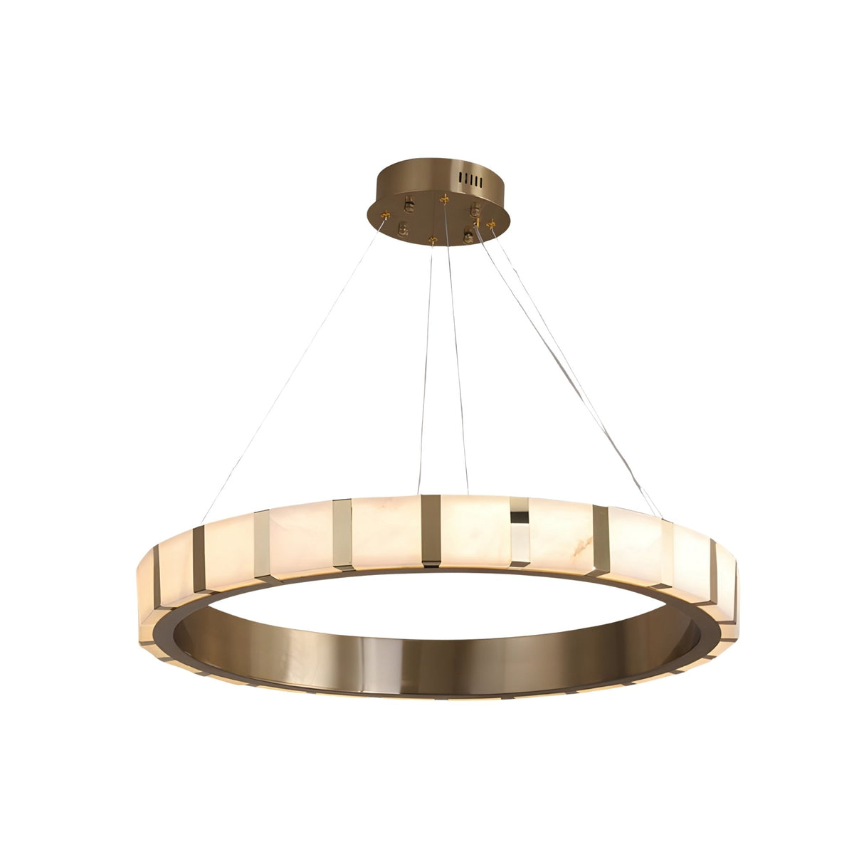 The Strata LED Medium Alabaster Chandelier in soft white and copper is a modern circular pendant light with a sleek segmented ring, suspended by four thin wires for an elegant contemporary look.