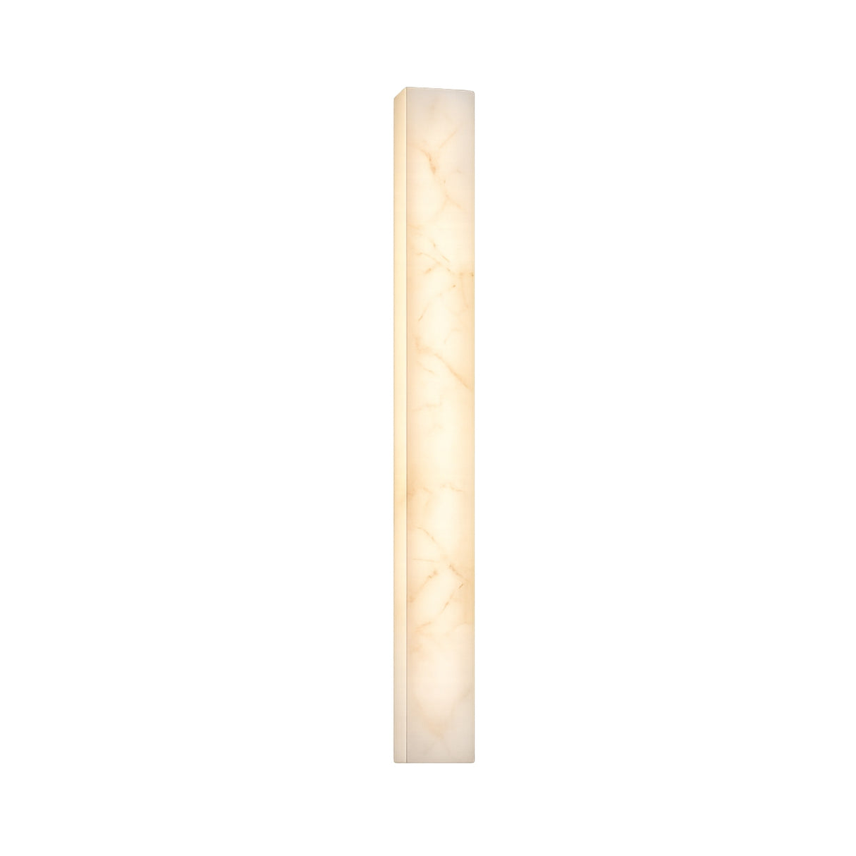 The Aureline LED Large Sculpted Column Alabaster Wall Light in Soft White features a tall, rectangular design with a warm glow and marble-like veining, offering sleek, modern elegance and sophisticated decor.