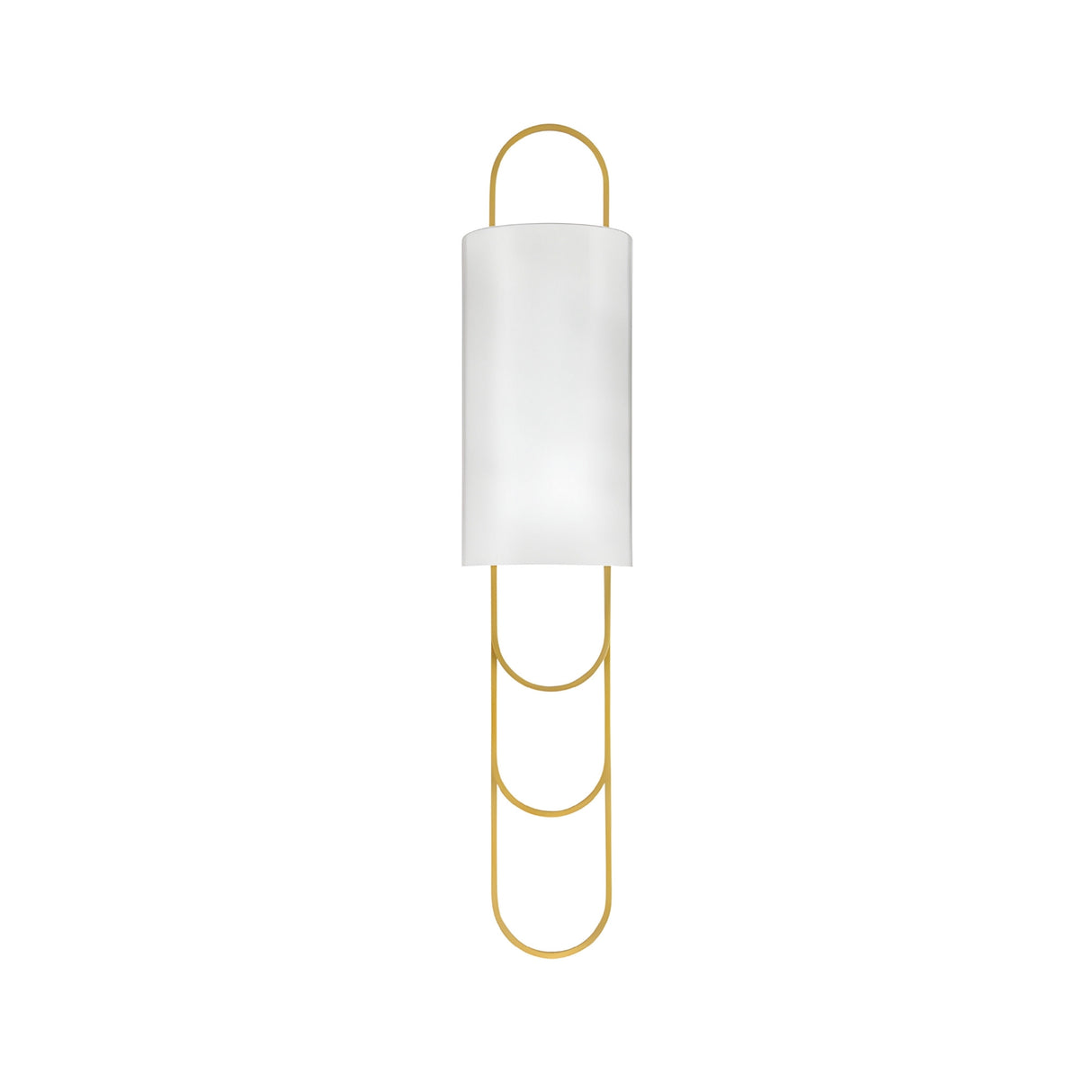 The Catenis 2 Light Small Loop Frame Alabaster Wall Light features a brushed brass frame with gold loops and a soft white cylindrical shade, shown against a plain white background.