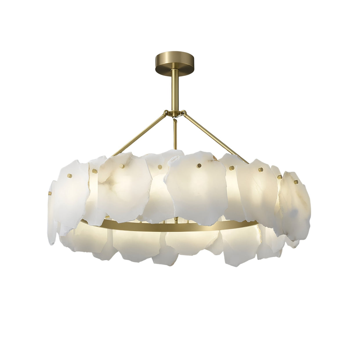 The Marvion LED Medium Petal Alabaster Chandelier features a brass frame and soft white, petal-shaped alabaster panels in a circular design, creating sculptural lighting suspended from the ceiling by a central rod.