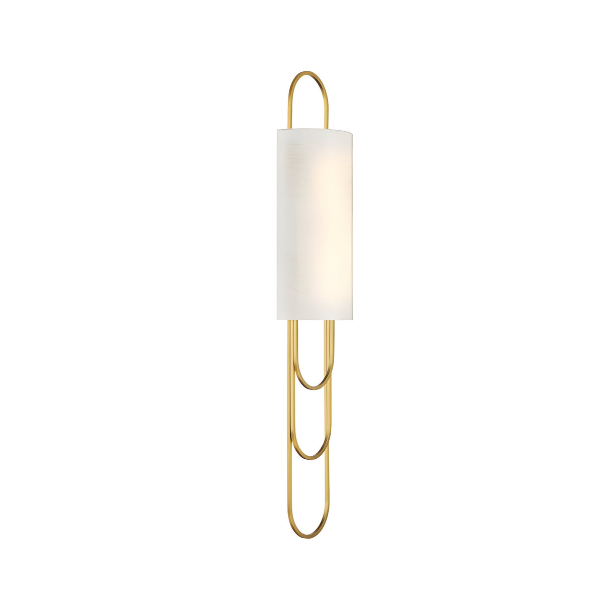 The Catenis 2 Light Small Loop Frame Alabaster Wall Light features a soft white cylindrical shade and a brushed brass frame with rounded, elongated loops, shown against a plain white background.