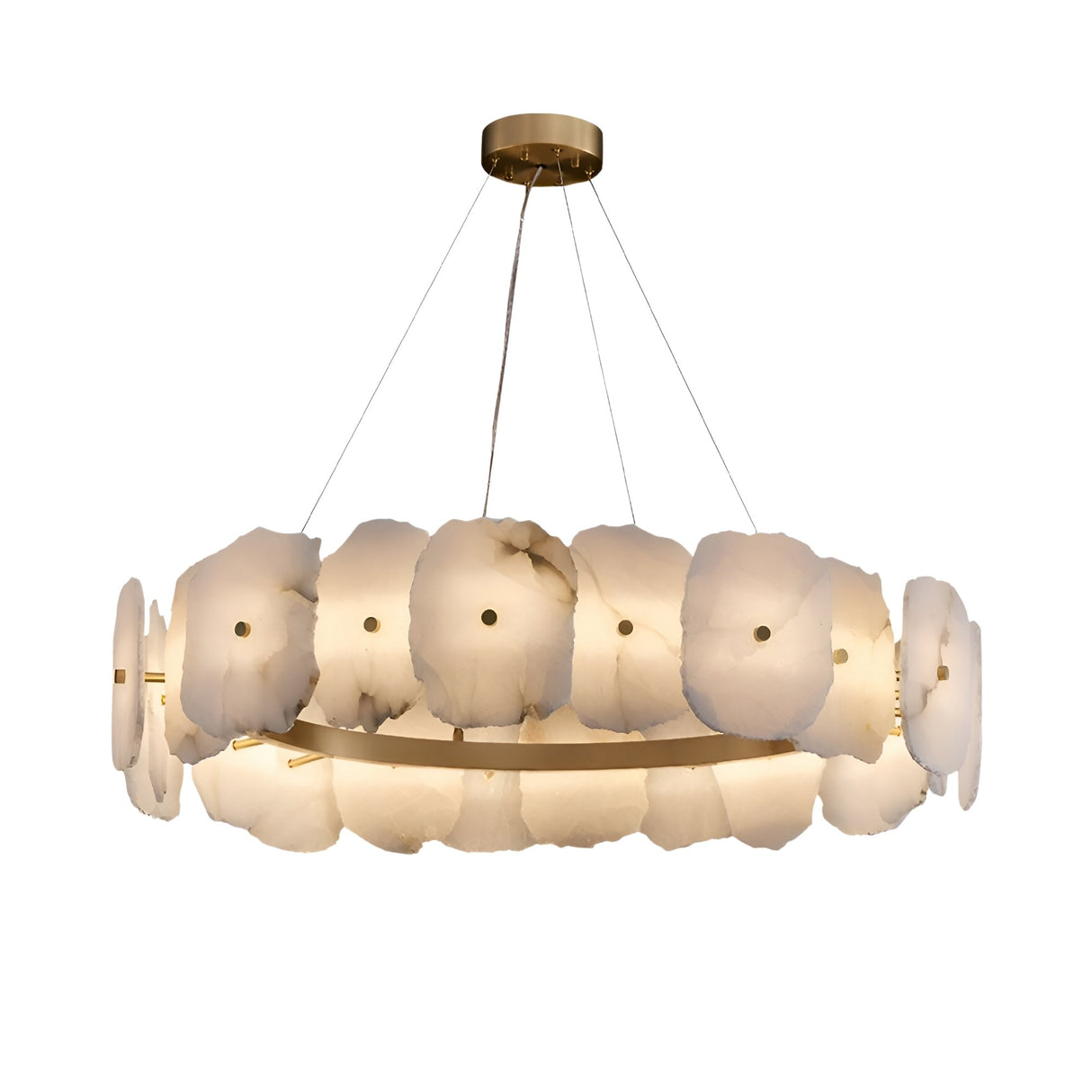 The Solvane LED Medium Petal Alabaster Chandelier in soft white and brass features layered Spanish alabaster petals on a circular brass frame, suspended by wires to emit a gentle, warm glow.