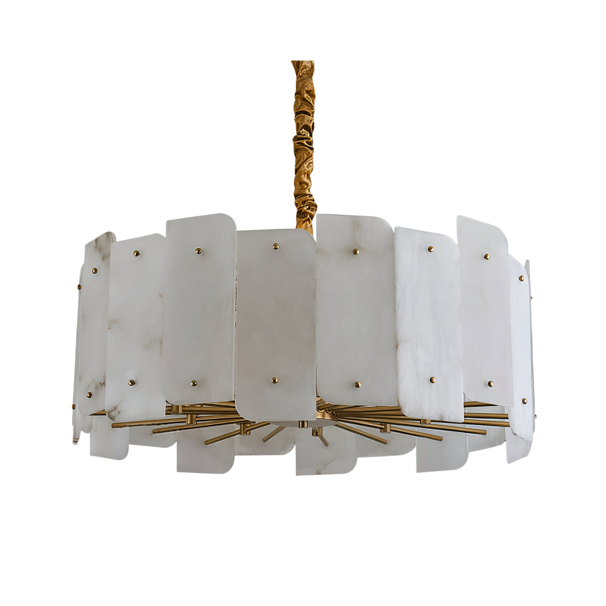 The Caldrin 10 Light Tiered Panel Alabaster Chandelier in Soft White & Brass features a circular design with overlapping alabaster panels and a brass frame, suspended by a gold-wrapped chain against a white background.