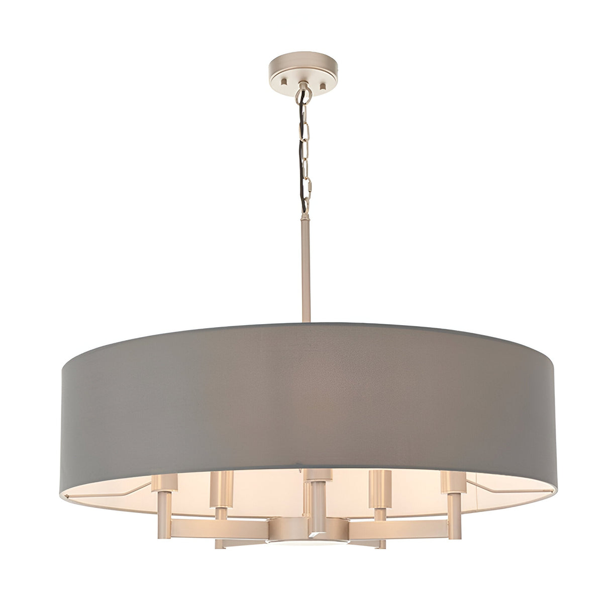 Endon Bramstead 5 light pendant with a large grey fabric drum shade and matt nickel frame, suspended from a chain on a white background.