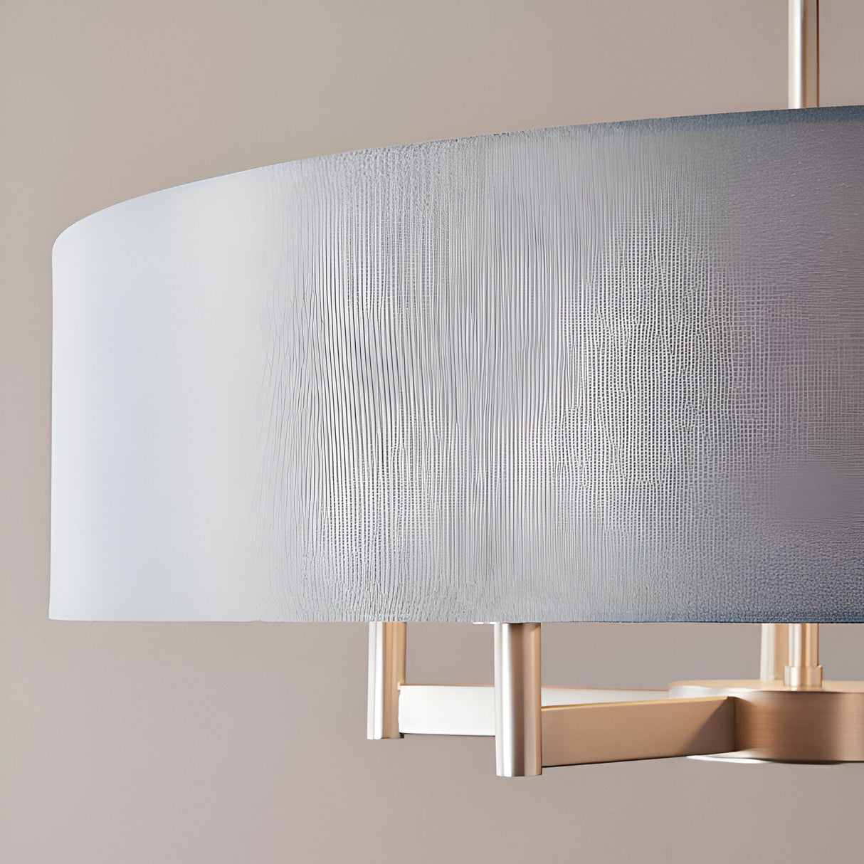Close-up of Endon Bramstead pendant light showing a grey cotton mix fabric shade and matt nickel plated arm against a neutral background.
