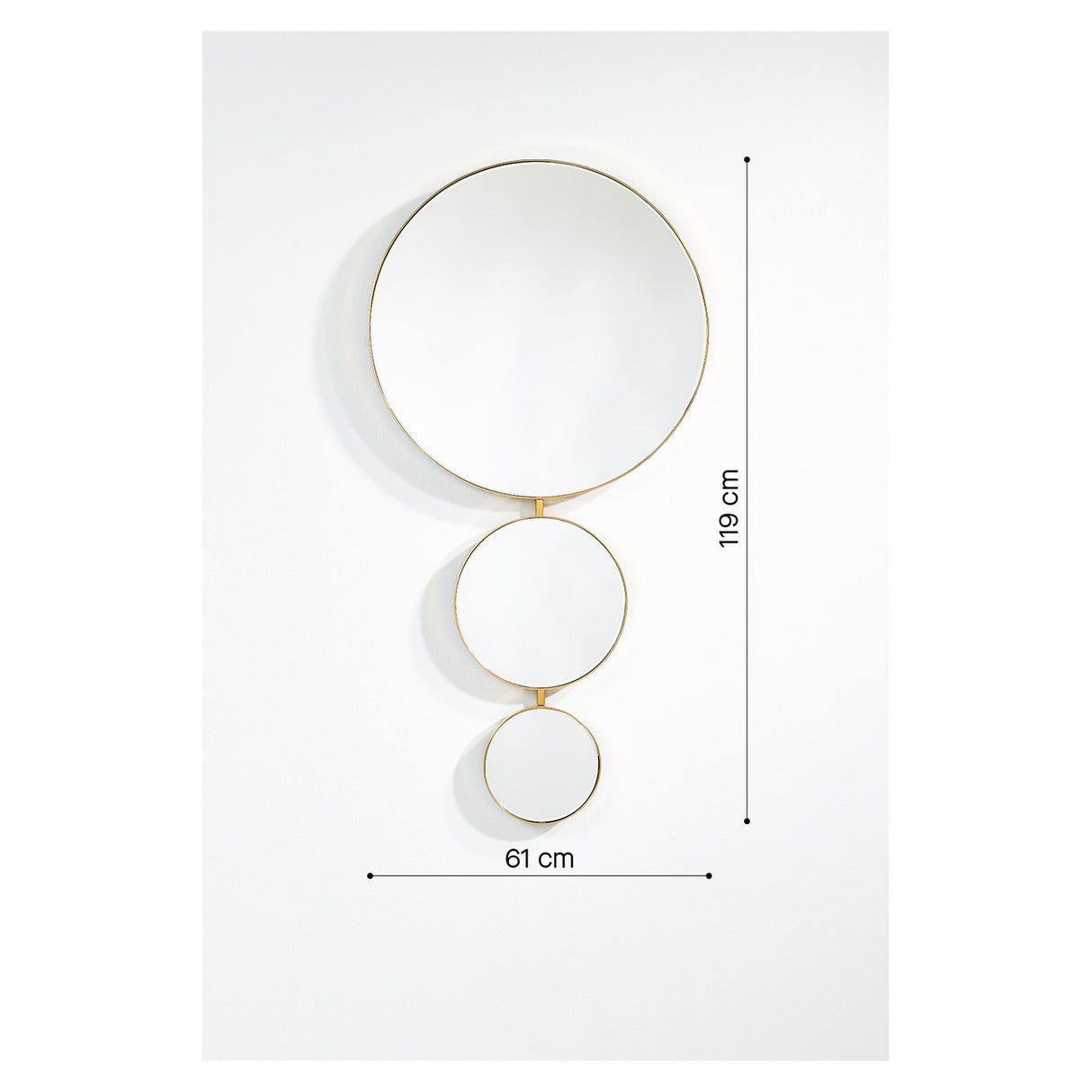 Opera Three Circle Gold Rimmed Wall Mirror, 119cm tall, featuring three joined circular mirrors of decreasing size in a gold frame, shown with 61cm width dimension marked.