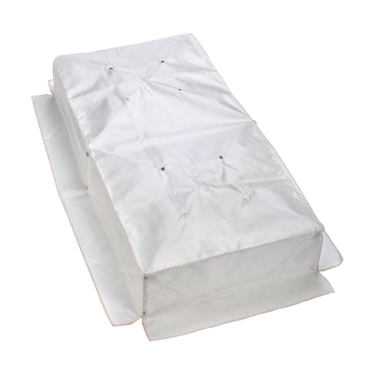 The Fire Hood, a collapsible structure covered in white fabric, features a rectangular shape and button details on top. Its side panels extend outward, providing a protective cover or tent designed with intumescent material for enhanced safety in case of fire.