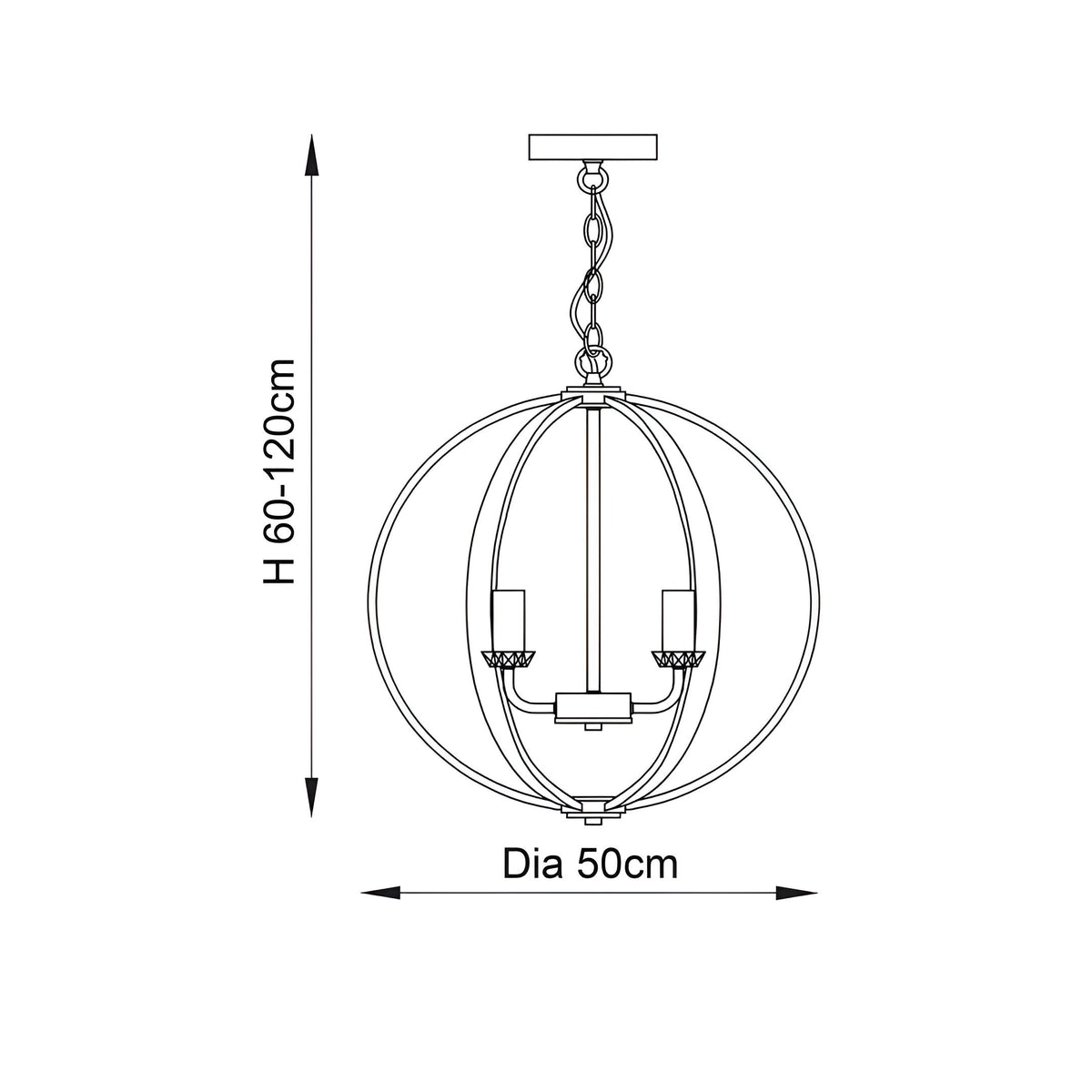 Line drawing of the Cliffbury 6 Light Pendant in nickel with an open-frame globe shade, candle-style arms, adjustable chain, and 50cm diameter.