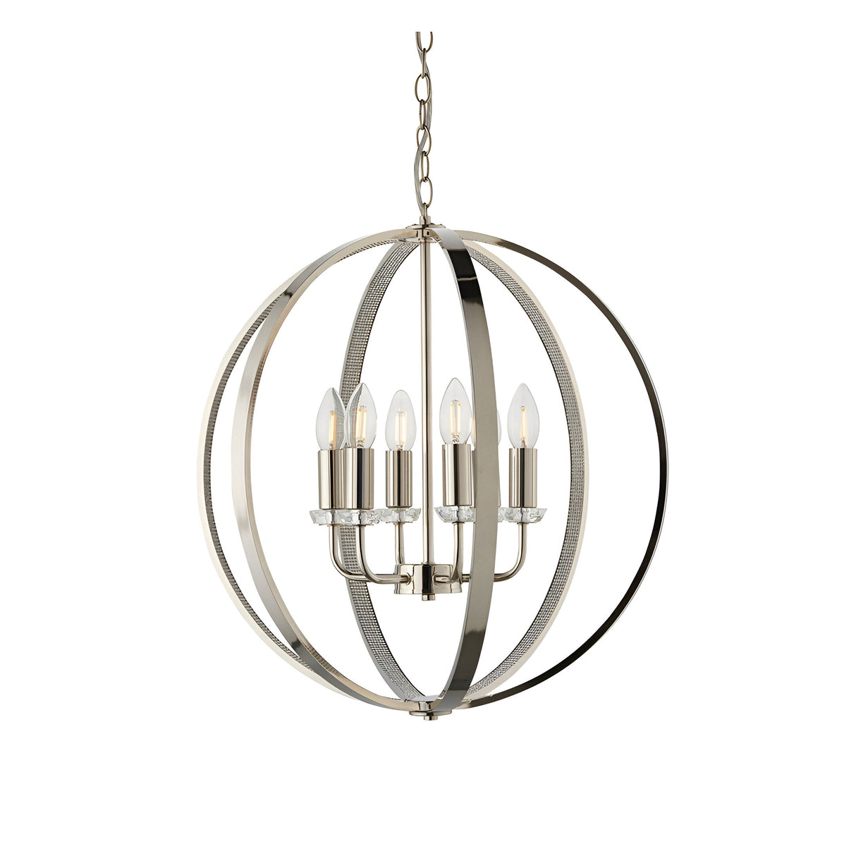 Cliffbury 6-light pendant in polished nickel with a spherical open frame, six candle-style bulbs on a central column, and a chain suspension.
