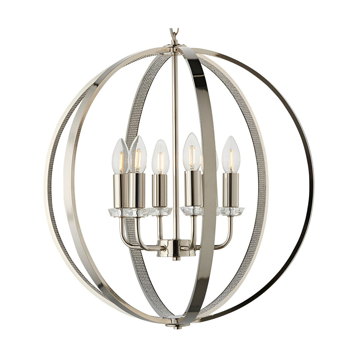 Cliffbury 6-light pendant in polished nickel with a spherical open frame, six candle-style bulbs on a central column, and a chain suspension.