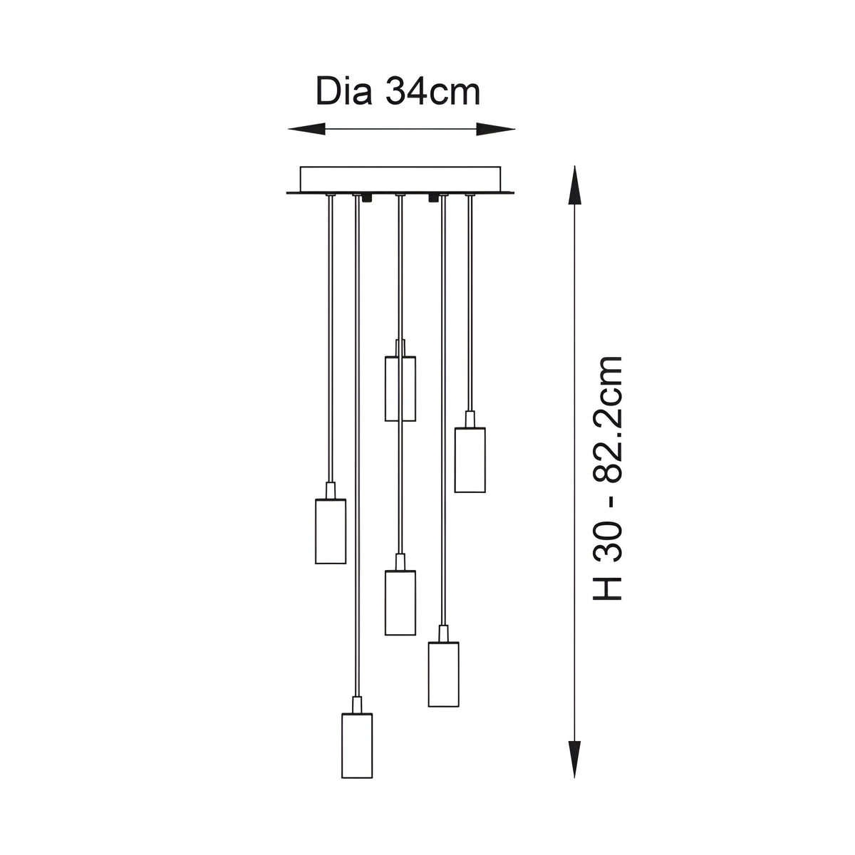 Technical line drawing of the Marlowe 6 Light Pendant in matt black, showing a 34cm ceiling plate with six staggered flex drops, adjustable 30-82.2cm.