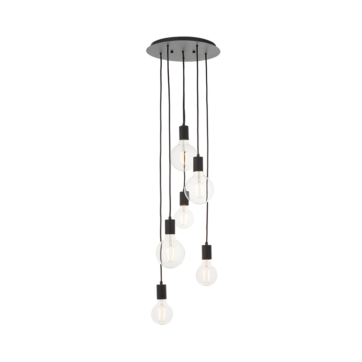 Marlowe 6 Light Pendant in matt black metal, round ceiling plate with six staggered black flex drops and exposed clear bulbs, shown on a white background.