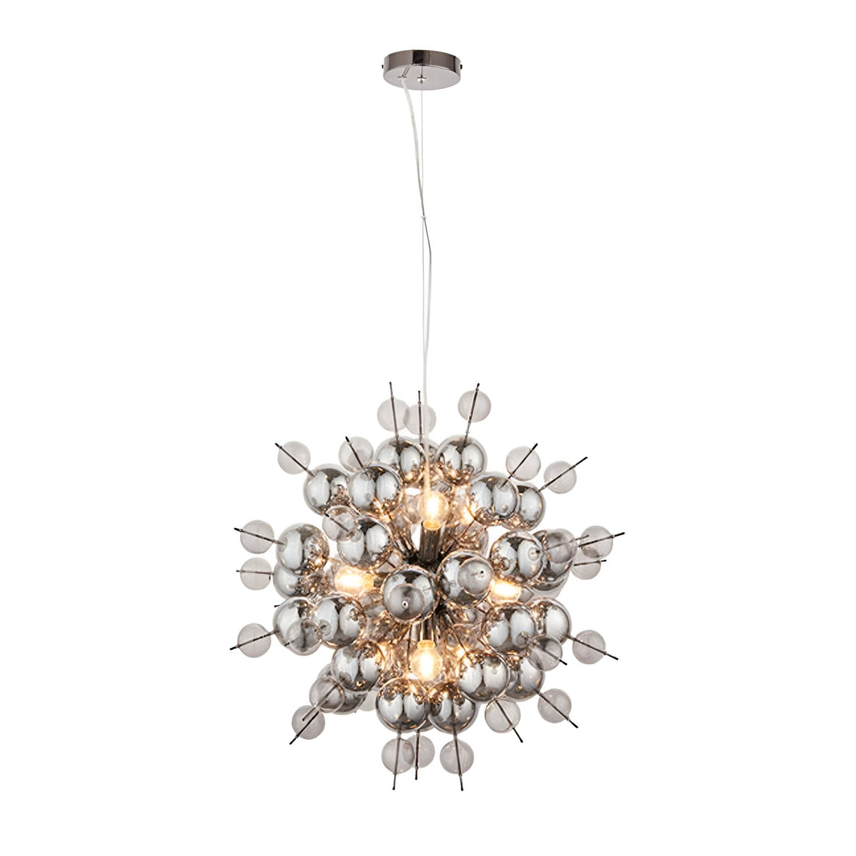 Brockford 9-light cluster pendant in black with smoked mirror and tinted glass spheres on chrome metalwork, shown lit against a white background.