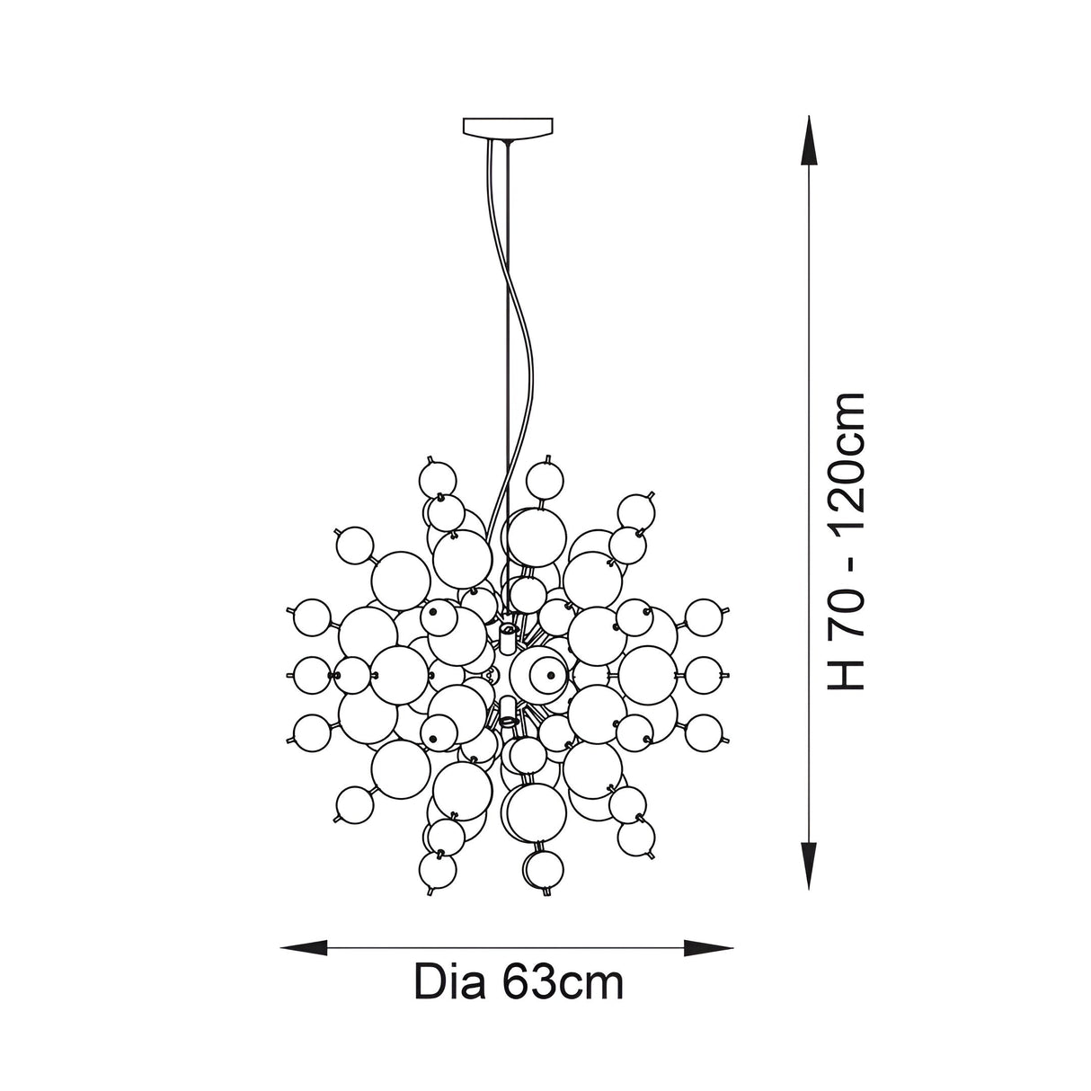 Line drawing of the Brockford 9 Light Cluster Pendant in black, showing clustered glass spheres, adjustable rod, and dimensions: 63cm diameter, 70-120cm height.