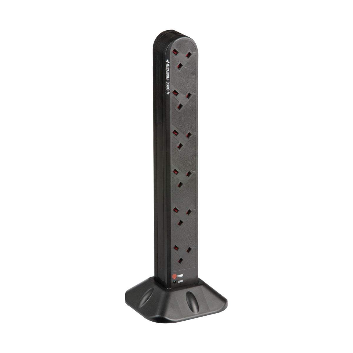 The 12 Gang 2M Surge Protected Tower is a sleek black vertical power strip designed for surge protection and offers multiple outlets in a slim, tall format. It includes a wide base for added stability and child-proof sockets, complemented by an easily accessible red power switch located at the front near the bottom.