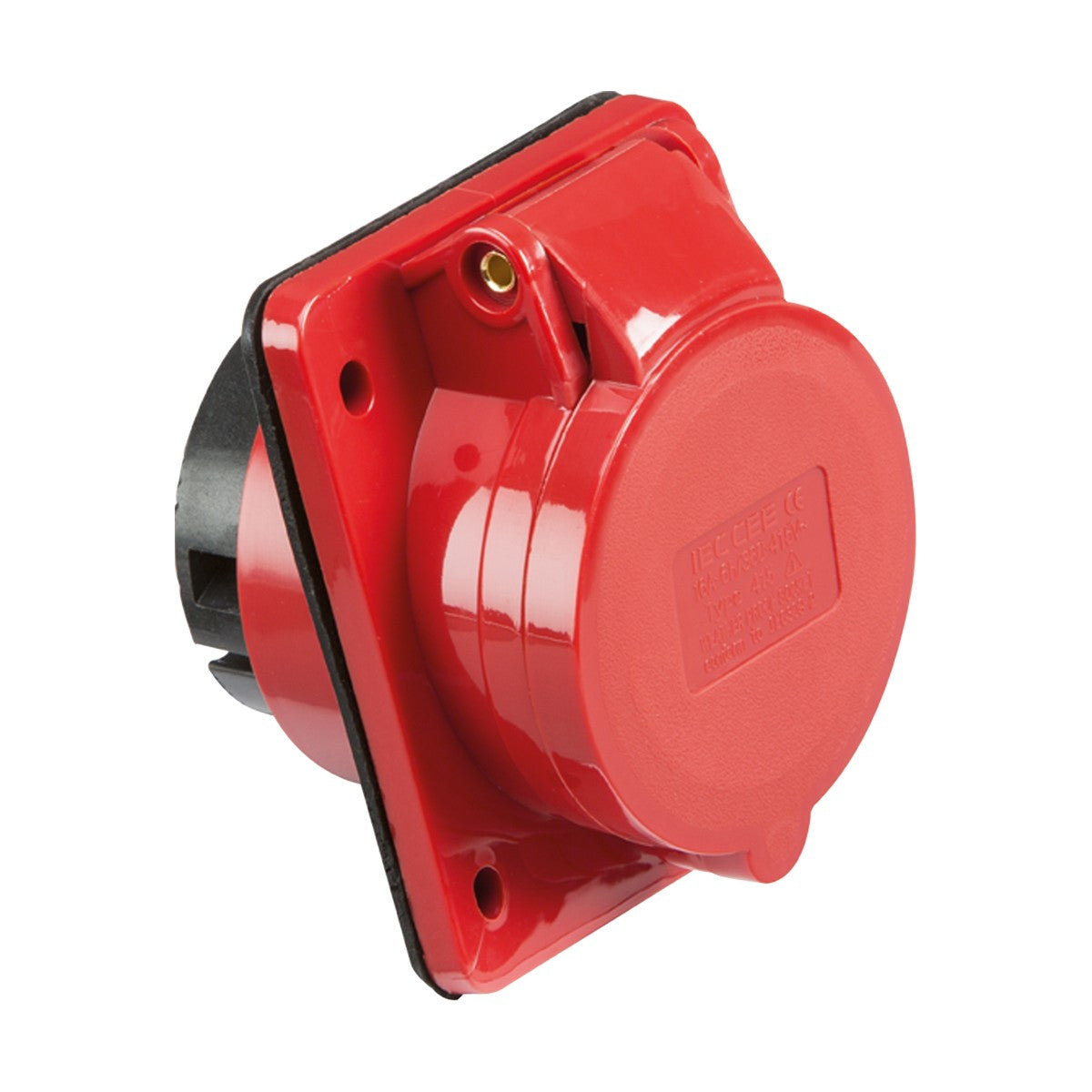 The 16A 3 Phase Neutral Earth Angled Panel Mount Socket is a red industrial socket with a protective cover, designed for 415V heavy-duty connections. Its mounted on a square black base, providing a robust solution for demanding industrial environments.