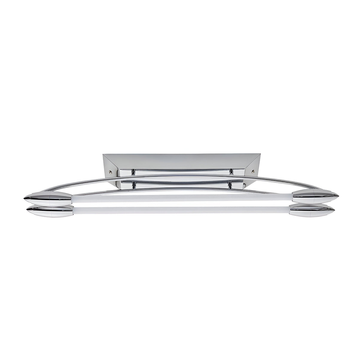 Brencombe 2 Light Small Linear Ceiling Light in polished chrome with two white diffusers on curved arms, shown against a plain white background.