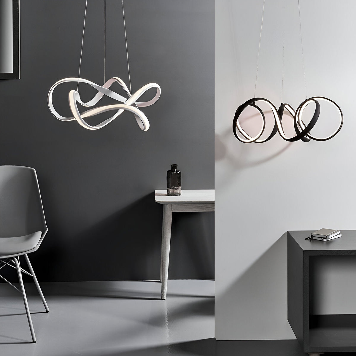 Endon Crancombe pendant in matt white with a sculptural looped LED band on wire suspension, shown beside a black version in a modern interior.
