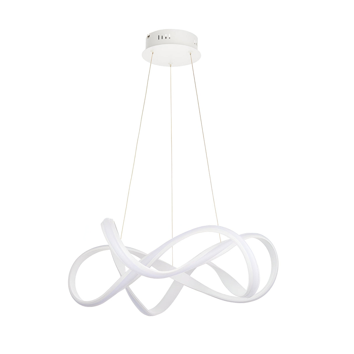 Endon Crancombe LED pendant light with a sculptural looped ribbon form in matt white, suspended on slim wires from a round white ceiling plate.